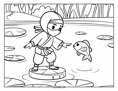 Coloriage de ninja pour enfants : Un ninja masqué garde l'équilibre sur une pierre en attrapant un poisson, entouré de nénuphars et d'arbres