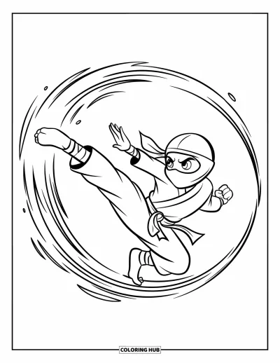Coloriage de ninja pour enfants : Un ninja masqué exécute un coup de pied tournoyant, son mouvement rapide souligné par une traînée
