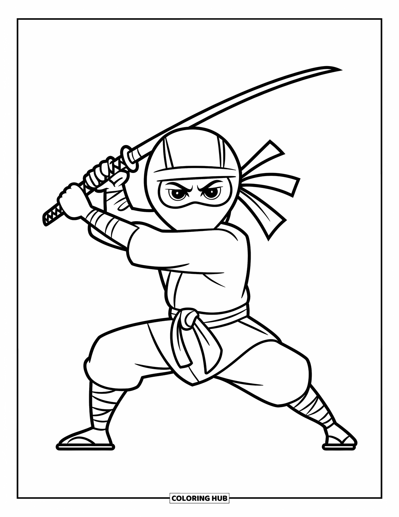 Ninja Coloring Page for Kids: A masked ninja holds a katana in both hands, standing in a poised combat stance