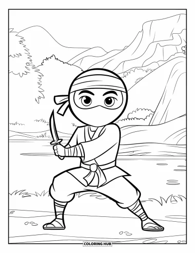 Coloriage de ninja pour enfants : Un ninja masqué en position de combat tient une dague, devant un paisible paysage de montagne