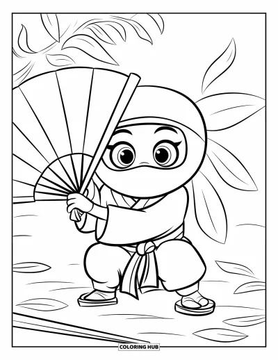 Coloriage de ninja pour enfants : Un ninja masqué se cache derrière un éventail, avec quelques feuilles éparpillées au sol