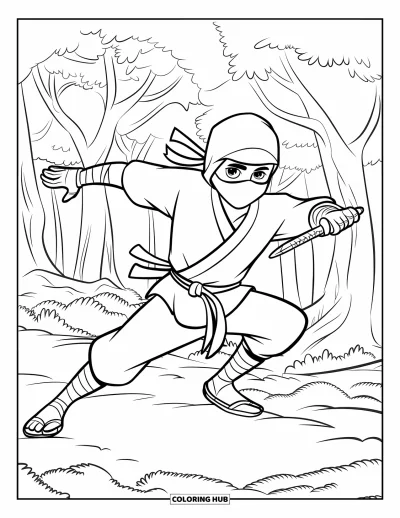 Coloriage de ninja pour enfants : Un ninja masqué court dans une forêt en tenant un kunai, avec des branches éparses autour de lui