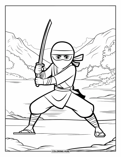 Coloriage de ninja pour enfants : Un ninja masqué se tient fermement avec un katana, entouré de montagnes et d'une étendue d'eau