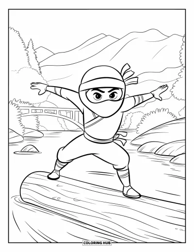 Coloriage de ninja pour enfants : Un ninja masqué se stabilise sur un tronc flottant, avec un pont en arrière-plan