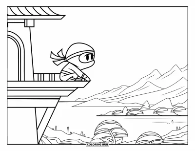 Coloriage de ninja pour enfants : Un ninja masqué observe depuis une tour de guet en bois, dominant un paysage paisible