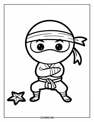 Coloriage de ninja pour enfants : Un ninja masqué à la ceinture nouée se tient avec assurance, les bras croisés, avec une étoile de lancer à côté