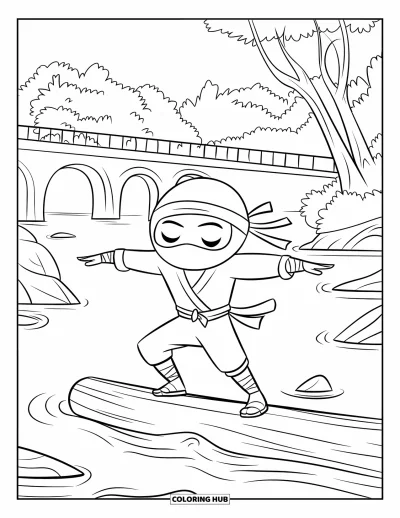 Coloriage de ninja pour enfants : Un ninja garde l'équilibre sur un tronc dans la rivière, avec des rochers, des arbres et un pont voûté derrière lui