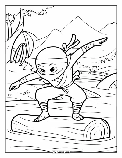 Coloriage de ninja pour enfants : Un ninja garde soigneusement l'équilibre sur un tronc dans la rivière, entouré de montagnes et d'arbres
