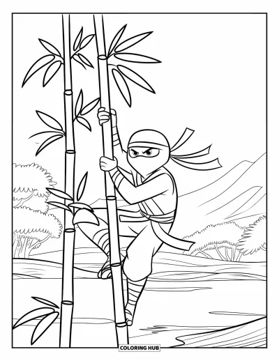 Coloriage de ninja pour enfants : Un ninja grimpe à une haute tige de bambou, en la tenant fermement avec les mains et les pieds
