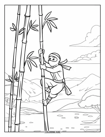 Coloriage de ninja pour enfants : Un ninja grimpe au bambou, haut au-dessus d'un paysage serein, sous de doux nuages qui dérivent