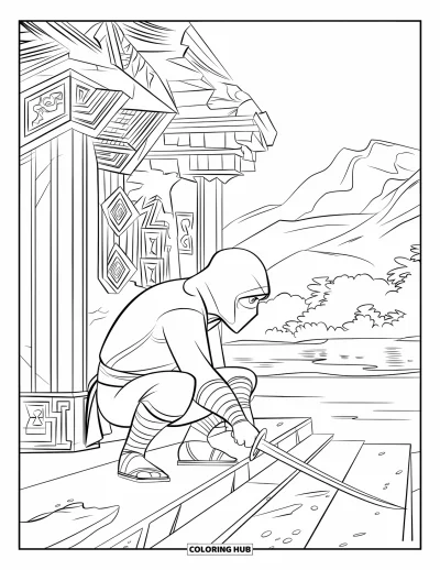 Coloriage de ninja pour enfants : Un ninja est accroupi près de l'entrée d'un ancien temple, la main sur la garde de son épée