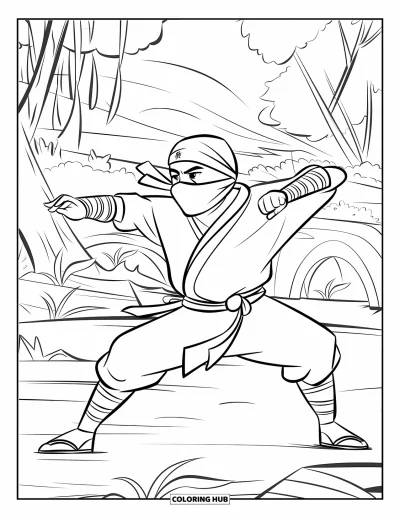 Coloriage de ninja pour enfants : Un ninja se bat avec adresse, bloque une attaque et contre-attaque dans un décor naturel et serein