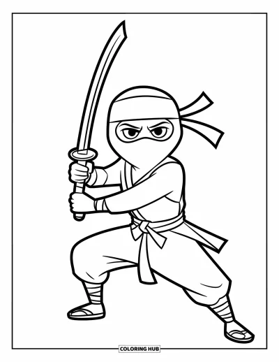 Coloriage de ninja pour enfants : Un ninja serre un katana, prêt au combat, avec un paysage paisible en arrière-plan