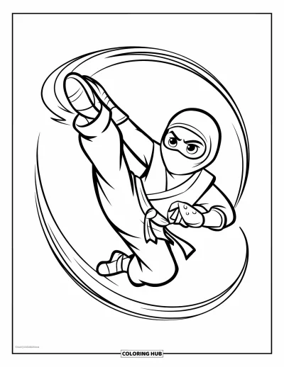 Coloriage de ninja pour enfants : Un ninja en tenue noire donne un coup de pied tournoyant, avec une traînée de mouvement courbe derrière lui