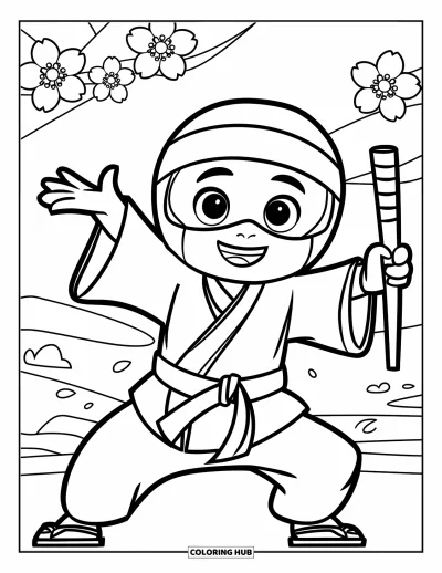 Coloriage de ninja pour enfants : Un ninja en robe fait joyeusement signe de la main, tandis que des fleurs de cerisier tombent autour de lui