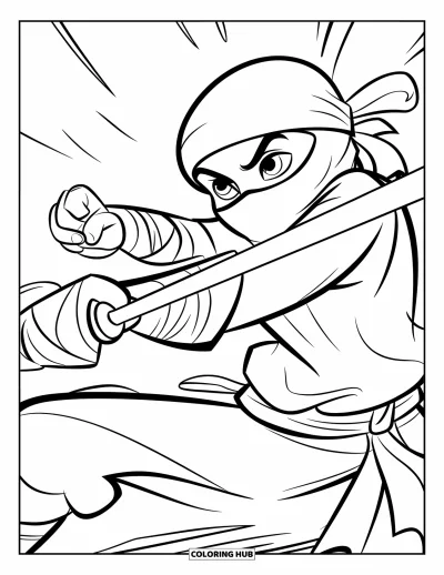 Coloriage de ninja pour enfants : Un ninja en tenue traditionnelle bloque un coup puis riposte avec un poing rapide