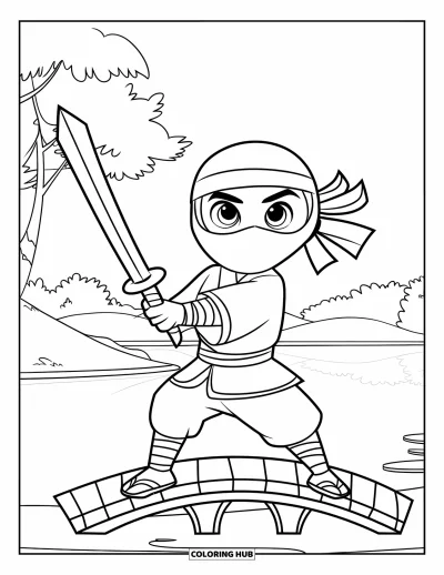 Coloriage de ninja pour enfants : Un ninja en tenue traditionnelle se tient sur un pont, serrant une épée-jouet au-dessus d'eaux calmes