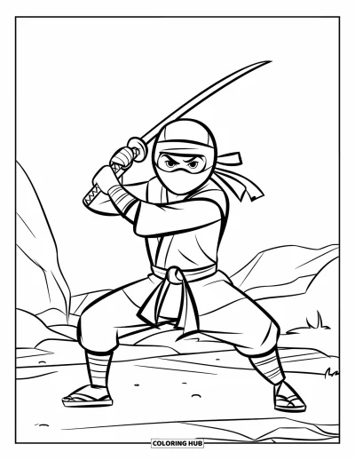 Coloriage de ninja pour enfants : Un ninja avec une ceinture blanche tient un katana, debout dans un décor rocheux et minimaliste