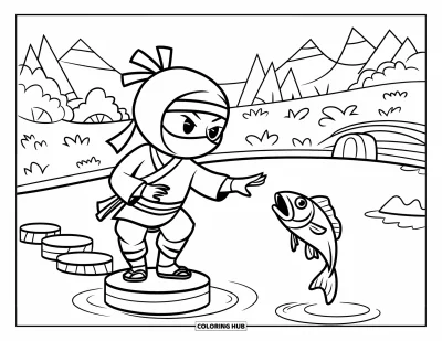 Coloriage de ninja pour enfants : Un ninja en habit traditionnel tend la main vers un poisson, avec des montagnes, des arbres et un pont derrière lui