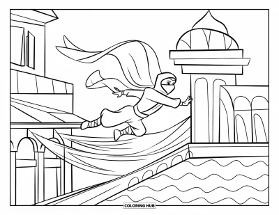 Coloriage de ninja pour enfants : Un ninja saute entre des bâtiments aux arches et colonnes marquées, son tissu ondulant dans le mouvement