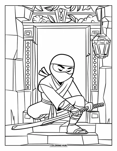 Coloriage de ninja pour enfants : Un ninja s'agenouille près de l'entrée d'un temple, la main sur son épée, avec une lanterne allumée à proximité