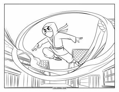 Coloriage de ninja pour enfants : Un ninja bondit de toit en toit, son tissu flottant derrière lui, avec des bâtiments originaux en arrière-plan