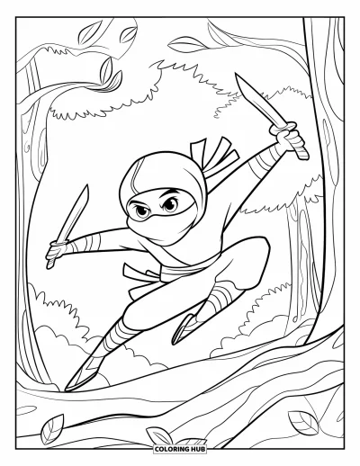 Coloriage de ninja pour enfants : Un ninja saute entre les branches d'arbres, tenant de courtes lames dans chaque main