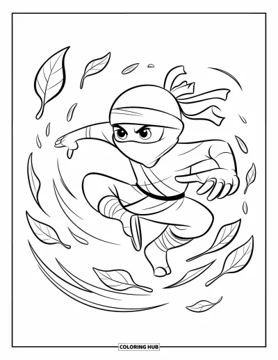 Coloriage de ninja pour enfants : Un ninja se déplace rapidement en esquivant des feuilles flottantes, sur fond blanc qui met le mouvement en valeur