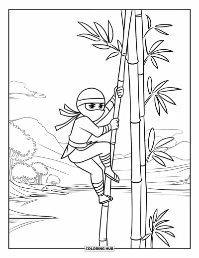 Coloriage de ninja pour enfants : Un ninja grimpe à une tige de bambou, avec des montagnes, des arbres et de l'eau en arrière-plan