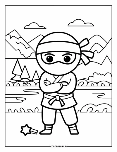 Coloriage de ninja pour enfants : Un ninja se tient fermement, les bras croisés, avec des montagnes, des arbres et de l'eau en arrière-plan