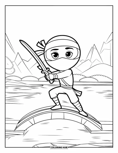 Coloriage de ninja pour enfants : Un ninja se tient sur un petit pont, tenant une épée-jouet à deux mains dans une pose amusante