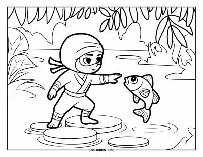 Coloriage de ninja pour enfants : Un ninja se tient sur un pas japonais, tendant la main vers un poisson bondissant dans un étang paisible