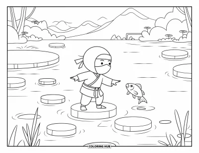 Coloriage de ninja pour enfants : Un ninja debout sur une pierre tend la main vers un poisson, avec des nénuphars et d'autres pierres autour de lui