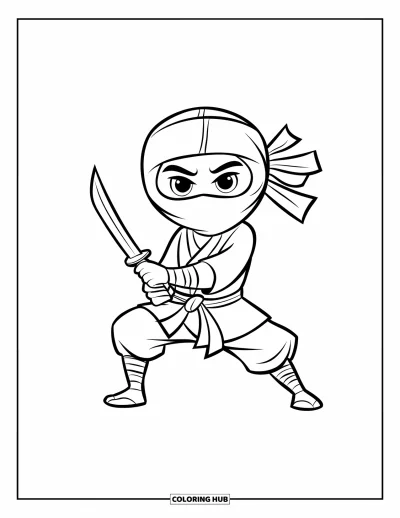 Coloriage de ninja pour enfants : Un ninja avec un masque traditionnel se tient prêt, une dague à la main, sur un fond vierge