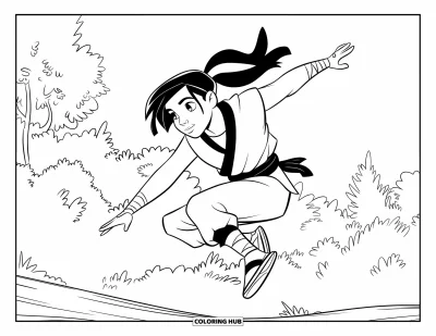 Coloriage de ninja pour enfants : Un ninja aux longs cheveux atterrit après un saut, en équilibre dans une forêt aux grands arbres