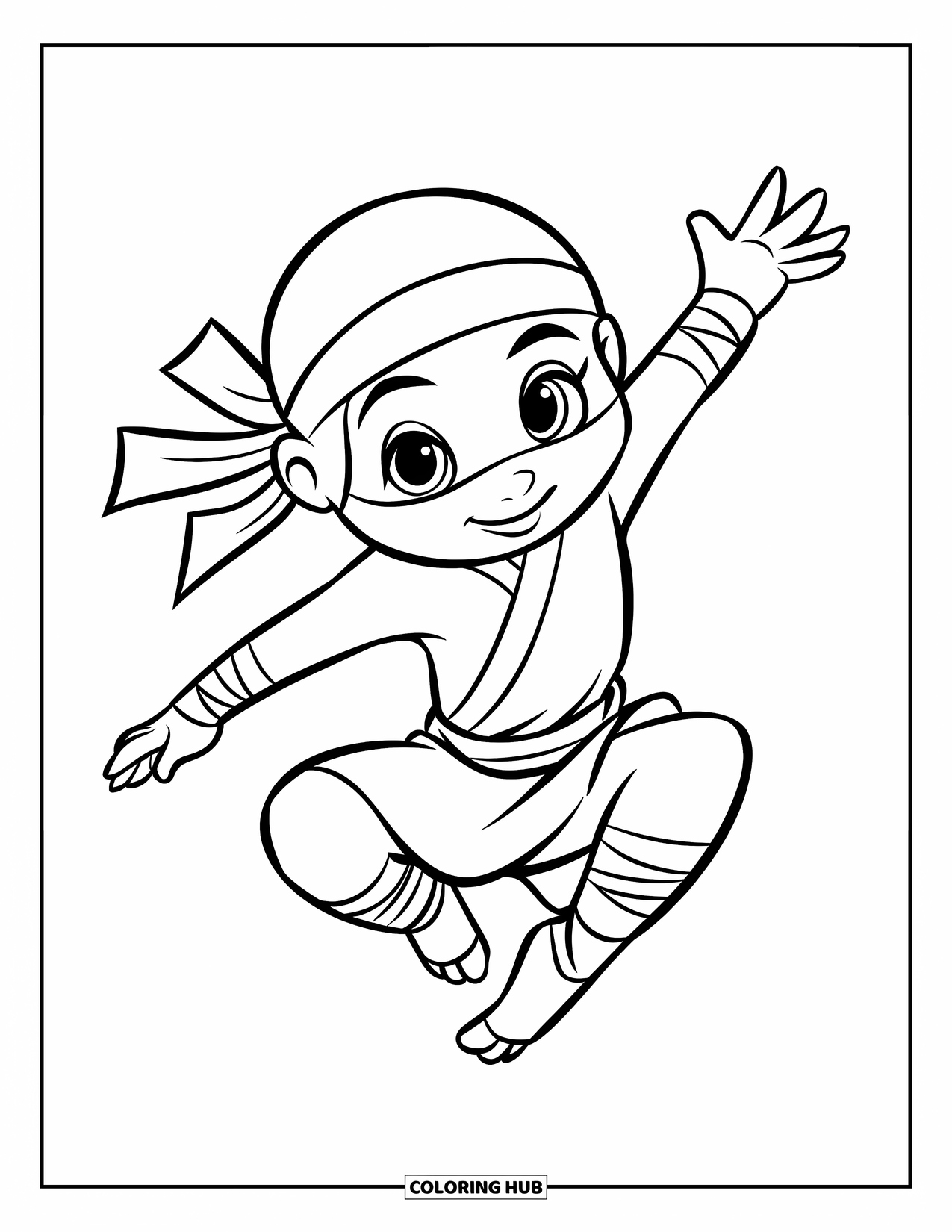 Ninja Coloring Page for Kids: A playful ninja jumps gently with arms raised, wearing a headband and a short tunic