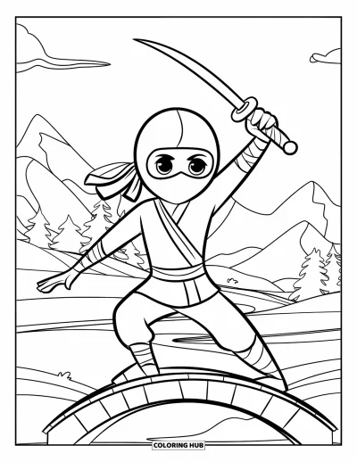 Coloriage de ninja pour enfants : Un ninja joueur prend la pose avec une épée-jouet sur un pont, entouré de montagnes et d'arbres