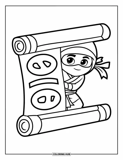 Coloriage de ninja pour enfants : Un petit ninja passe la tête hors d'un rouleau, sur un fond épuré et plein de fantaisie