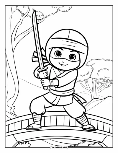 Coloriage de ninja pour enfants : Un ninja souriant avec capuche se tient sur un pont, avec des arbres et des montagnes derrière lui