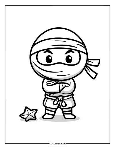 Coloriage de ninja pour enfants : Un tout petit ninja masqué se tient les bras croisés, avec une étoile de lancer à ses pieds