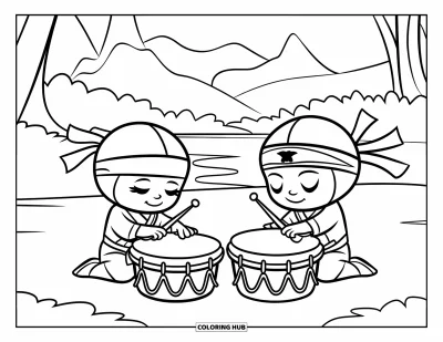 Coloriage de ninja pour enfants : Des ninjas amicaux sont assis au sol et frappent des tambours près des montagnes, des arbres et d'une étendue d'eau