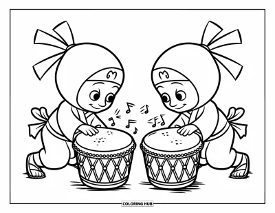 Coloriage de ninja pour enfants : De minuscules ninjas avec des ceintures frappent de grands tambours, dans un décor épuré et minimaliste
