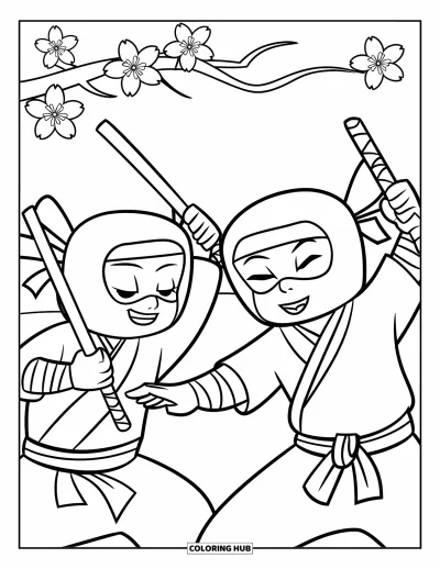 Coloriage de ninja pour enfants : Deux ninjas en tenue traditionnelle s'entraînent les yeux fermés, avec des fleurs de cerisier en arrière-plan