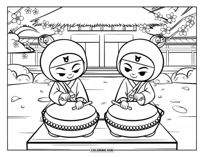 Coloriage de ninja pour enfants : Deux tout petits ninjas frappent de grands tambours, assis devant un bâtiment traditionnel et des fleurs de cerisier