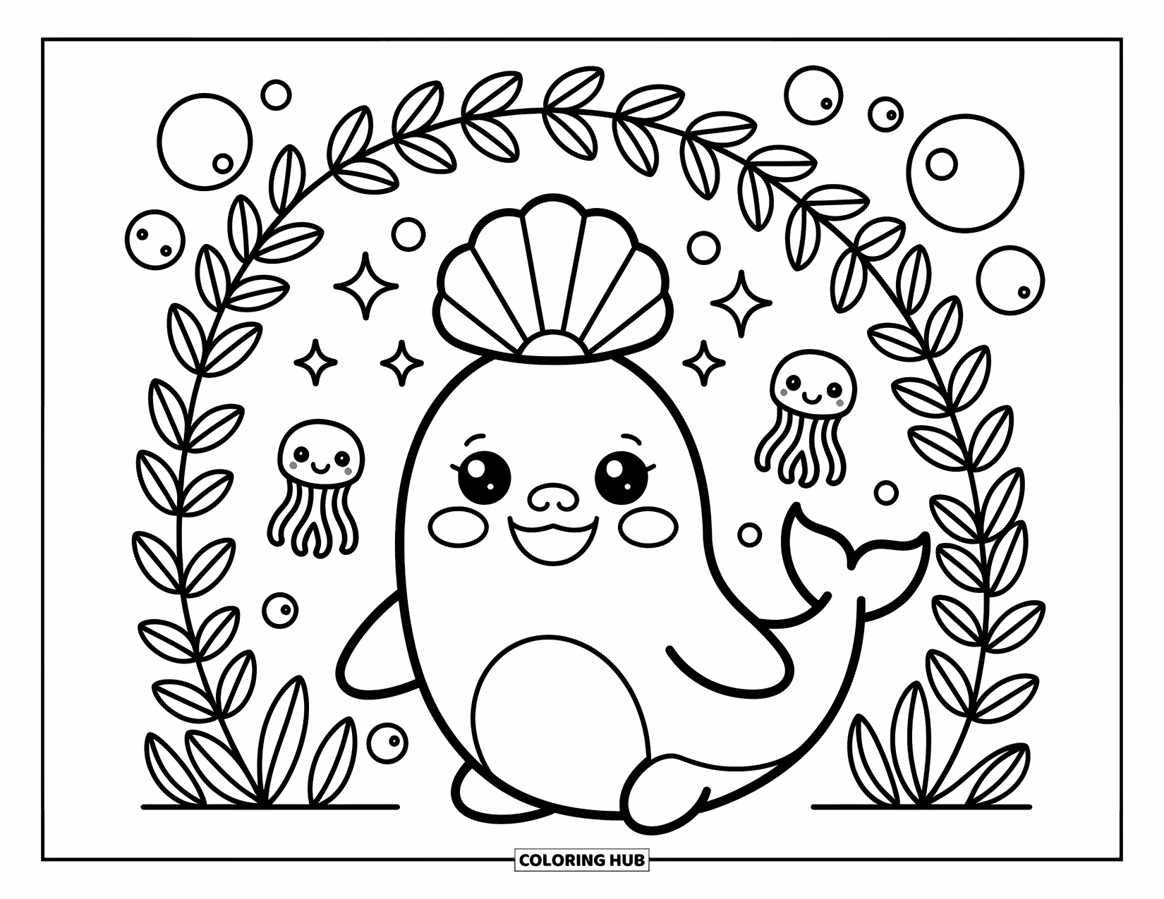 Desenho de Animais Marinhos para Colorir para Adultos: Uma beluga usa uma coroa de conchas sob um arco-íris de algas marinhas enquanto águas-vivas observam