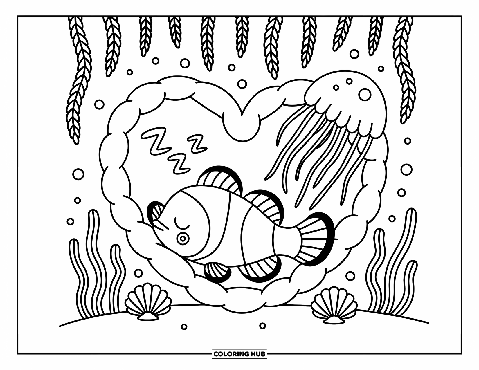 Desenho de Animais Marinhos para Adultos: Um peixe-palhaço cochila em um recanto de coral sob cortinas de algas marinhas e luz de água-viva