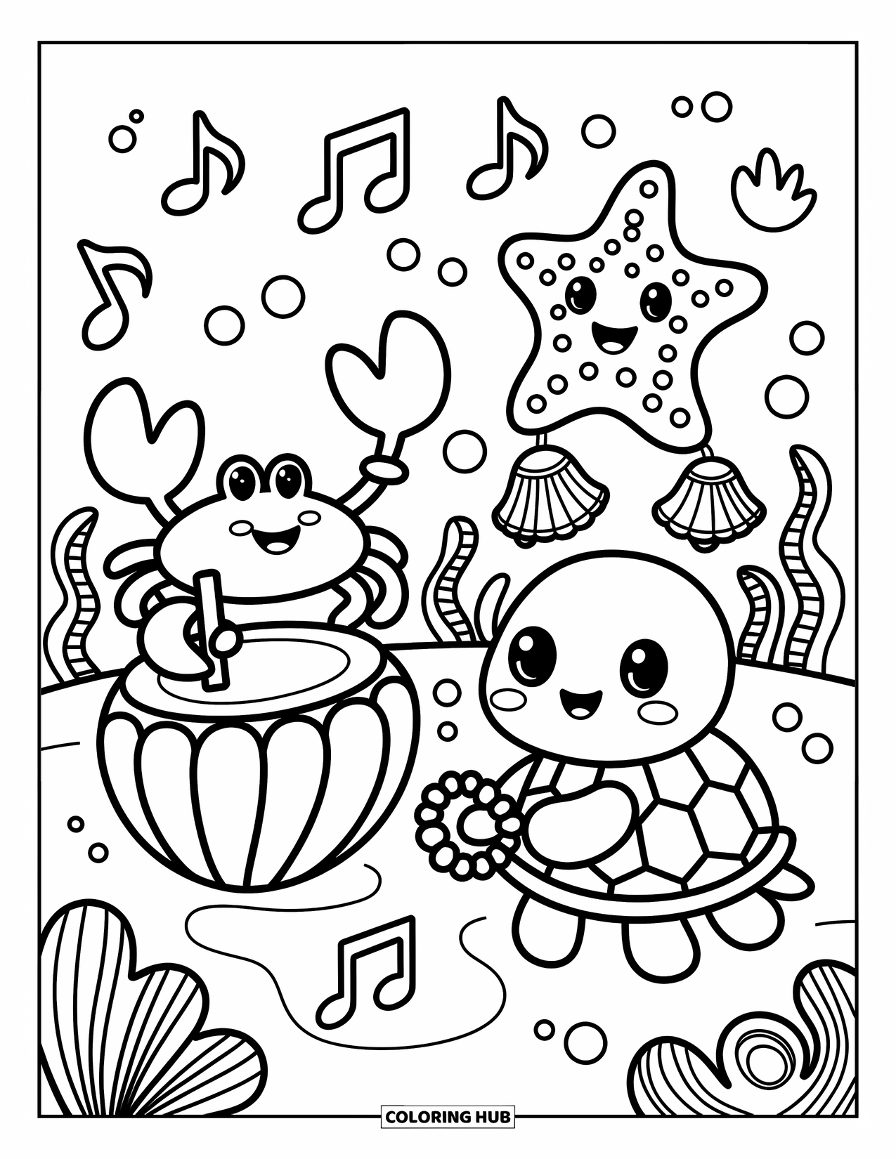 Desenho de Animais Marinhos para Adultos: Um caranguejo, uma tartaruga e uma estrela-do-mar fazem música com conchas e sinos marinhos