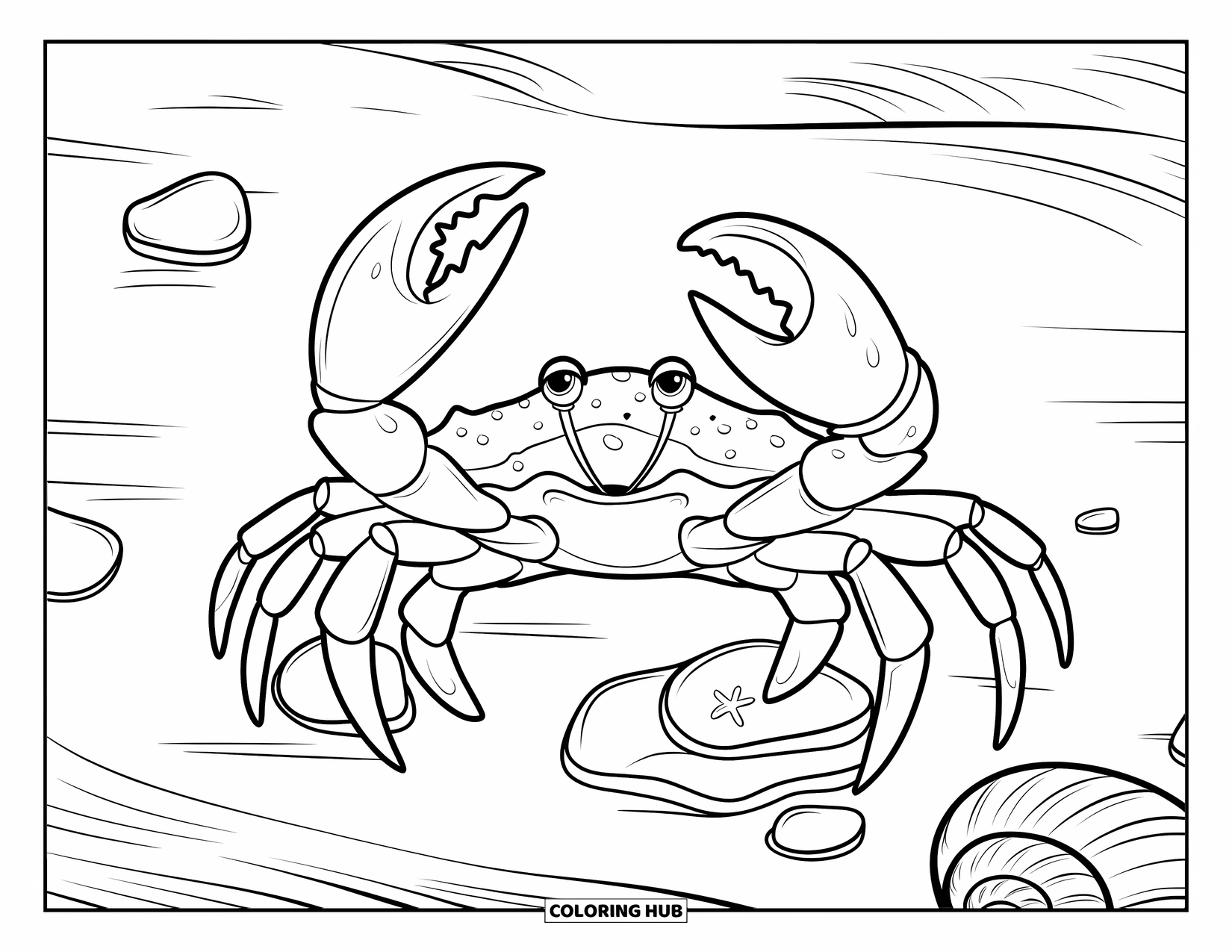 Desenho de Animais Marinhos para Colorir para Adultos: Um caranguejo com um coração em sua concha explora a praia cheia de conchas e vidro