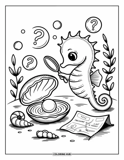 Ocean Animals Coloring Page for Adults: A curious seahorse inspects a clam pearl near spiraled shells and plant curls