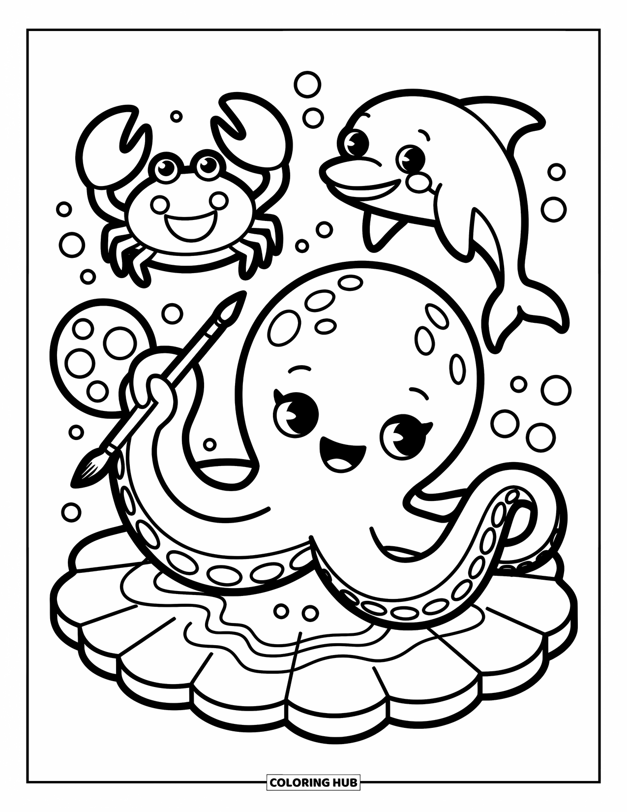 Desenho de Animais Marinhos para Colorir para Adultos: Um golfinho bate palmas enquanto um polvo pinta com um caranguejo segurando as cores
